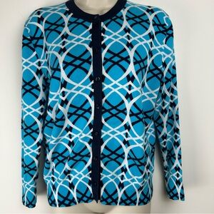Crown & Ivy Vibrant Blues Geometric Pattern Cardigan sz XL Preppy Career Classic